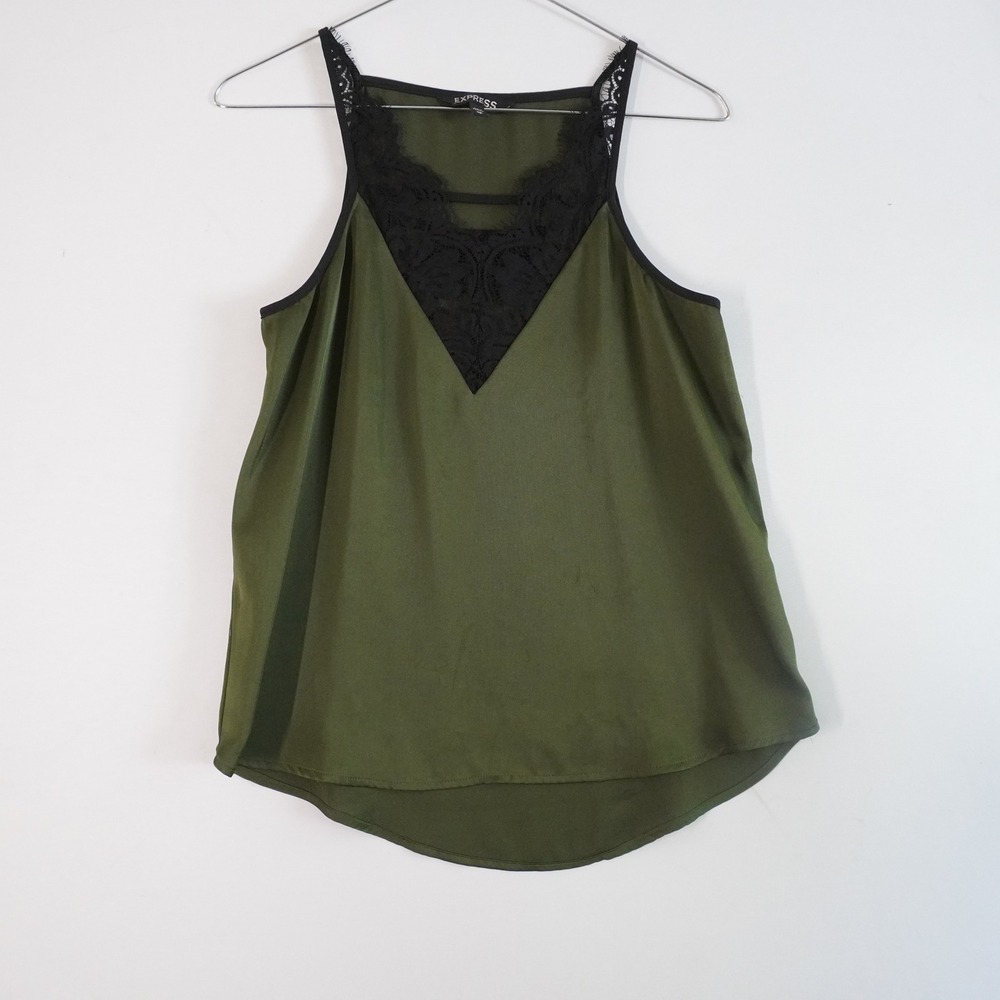Express Green Tank Top Black Lace Trim V-Neck Sleeveless Blouse XS y2K Going out